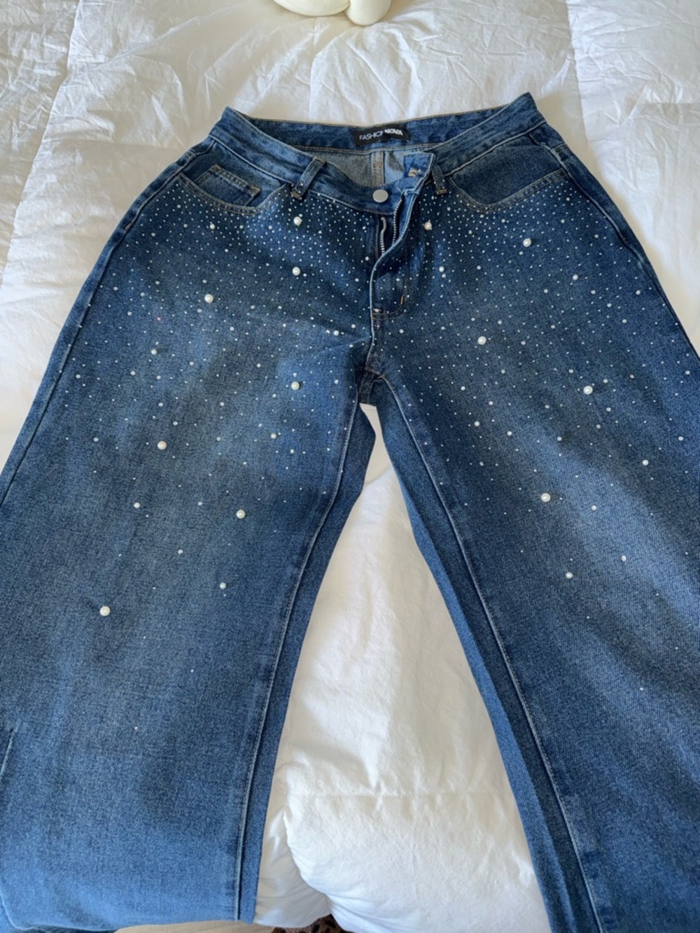 Fashion Nova Dark Blue Wide Leg Jeans with Pearl & Rhinestone Detail